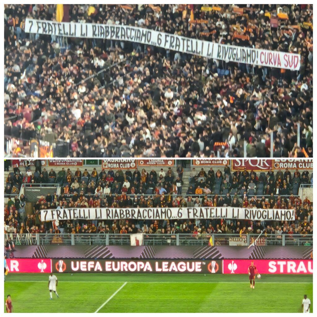 “7 li riabbracciamo… 6 li rivogliamo”: l'Olimpico in silenzio per i “fratelli” di Nizza 1 2025-10-23 roma-plzen CURVA SUD NIZZA InCollage 20251023 210707352